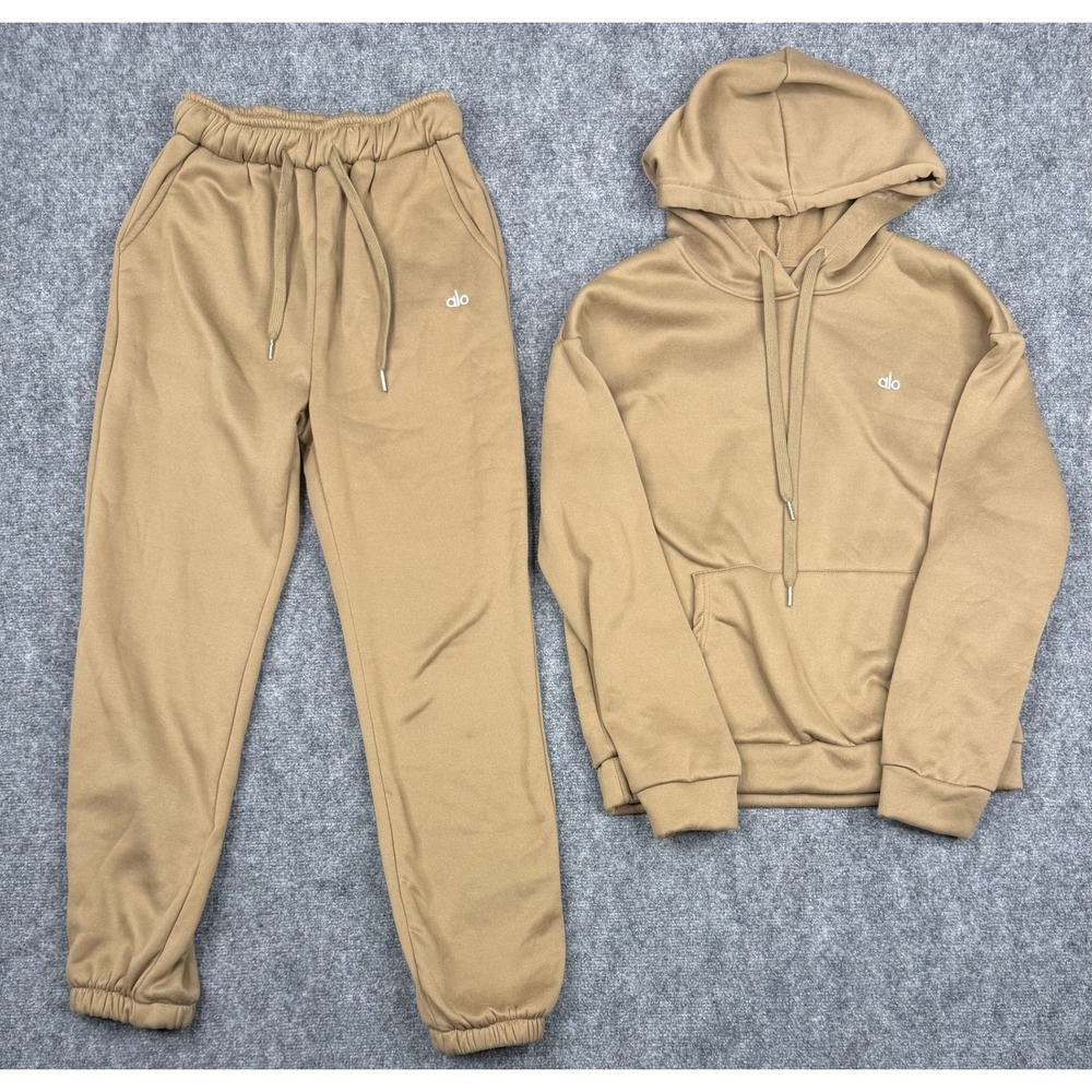 Alo Yoga Womens 2 Piece Tracksuit Set Hoodie and Joggers Tan Camel Small